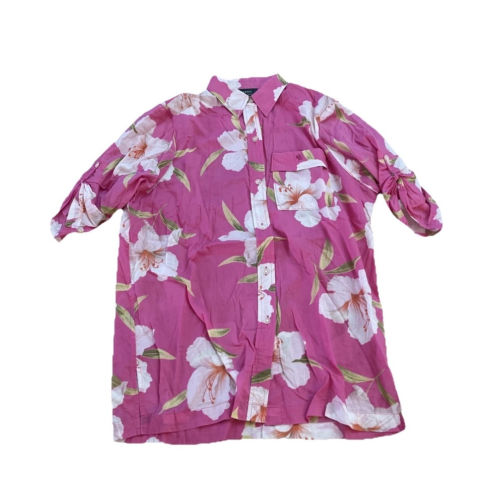 Lauren Ralph Lauren Top Women's M Pink Lily Button-up Floral Lightweight
